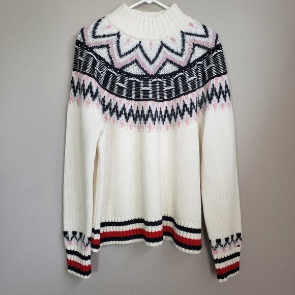 Tommy Hilfiger Creme Printed Wool Alpaca Blend Mock Neck Sweater Large - Picture 1 of 11